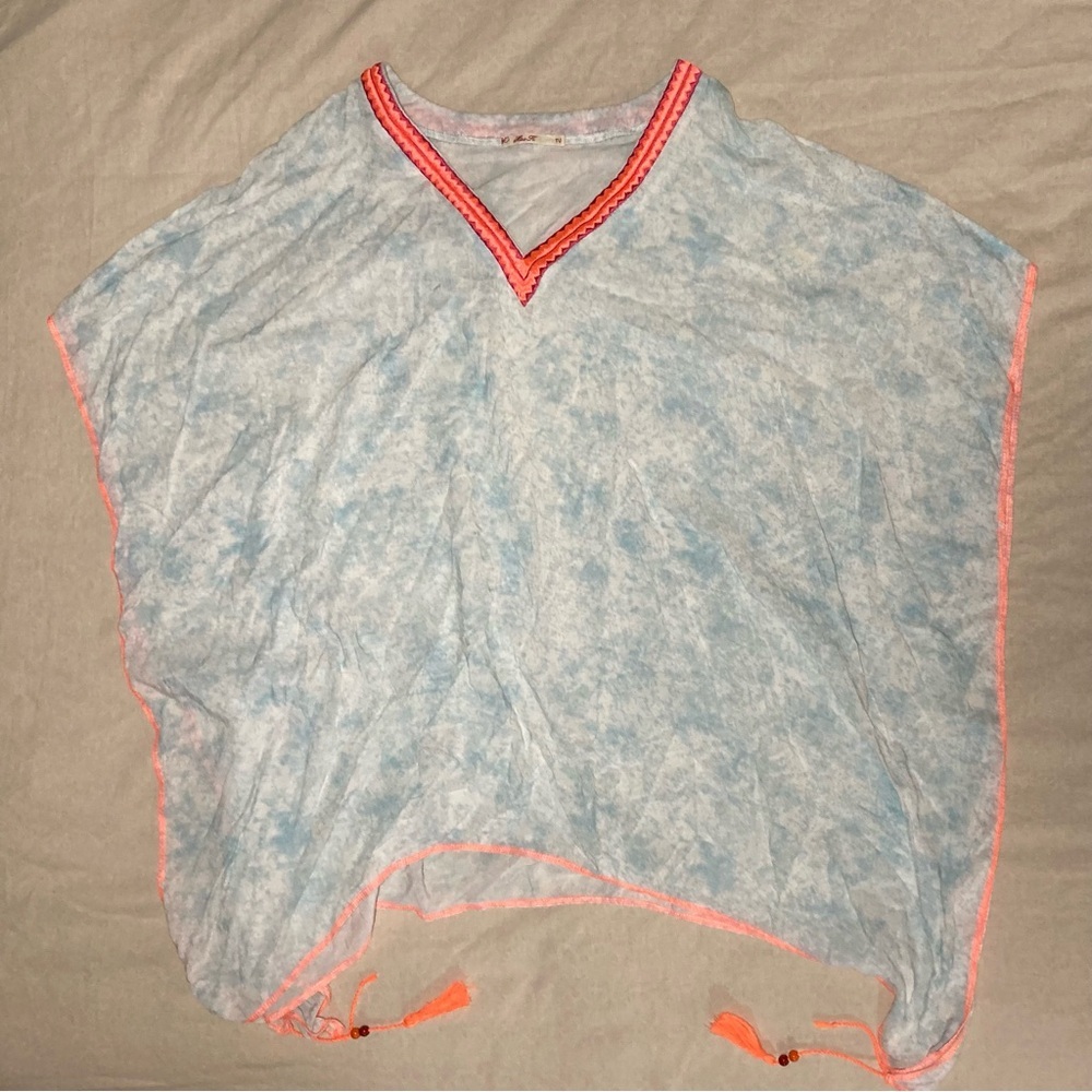 Miss K Muted Blue and Bright Orange Swim Coverup with Beaded Tassles